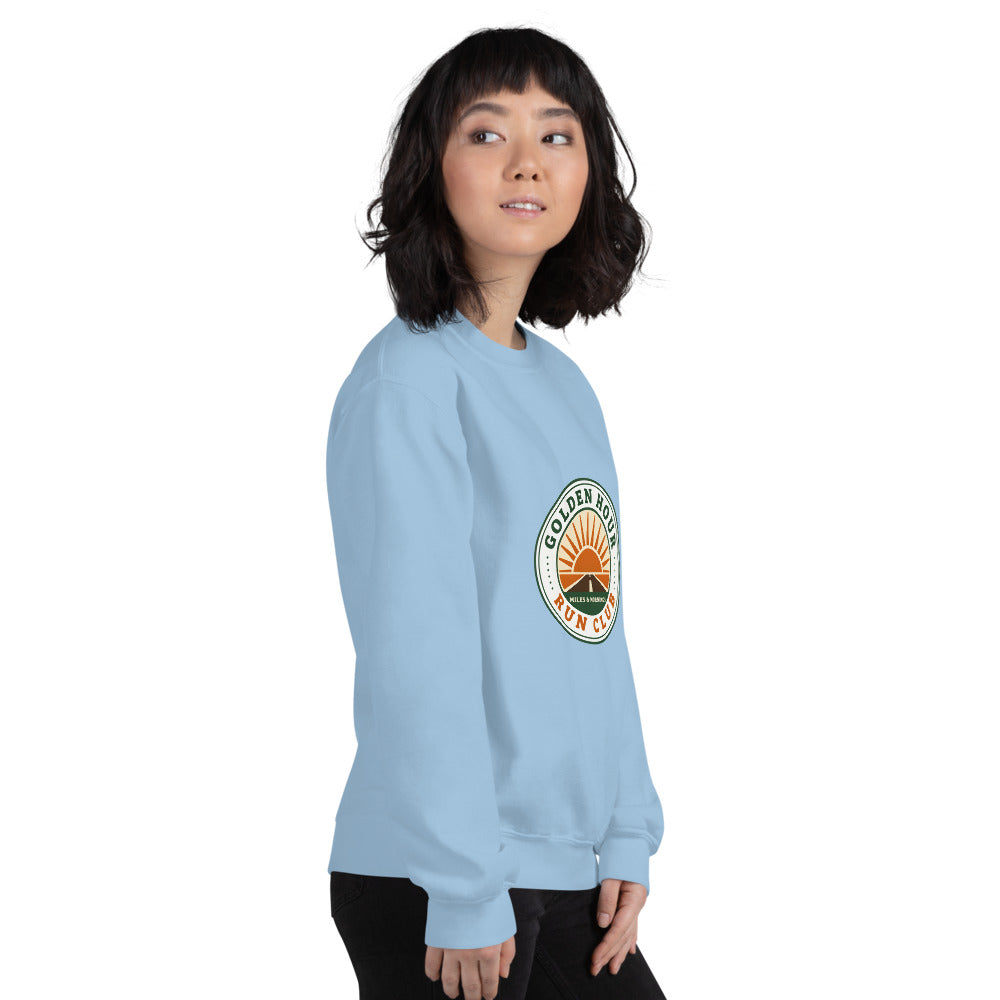 Golden Hour Run Club retro running crewneck sweatshirt — Light Blue, on model