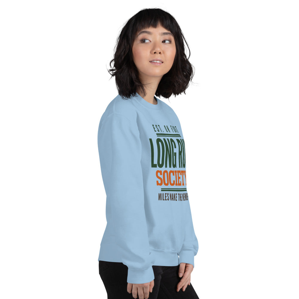 Long Run Society retro running crewneck sweatshirt — Light Blue, on model