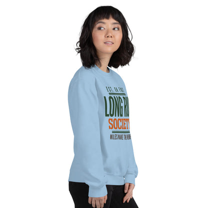 Long Run Society retro running crewneck sweatshirt — Light Blue, on model