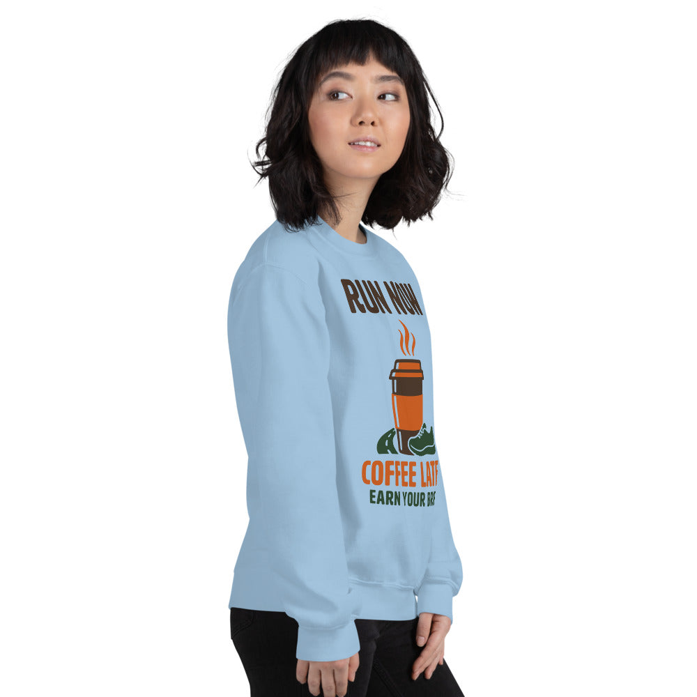Run Now Coffee Later funny running crewneck sweatshirt — Light Blue, on model