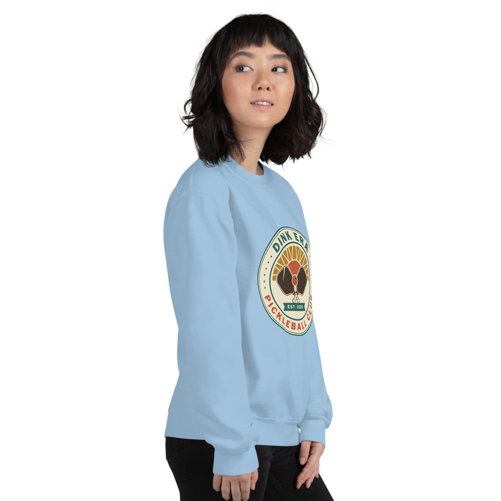 Dink Era Pickleball Club retro crewneck sweatshirt — Light Blue, on model