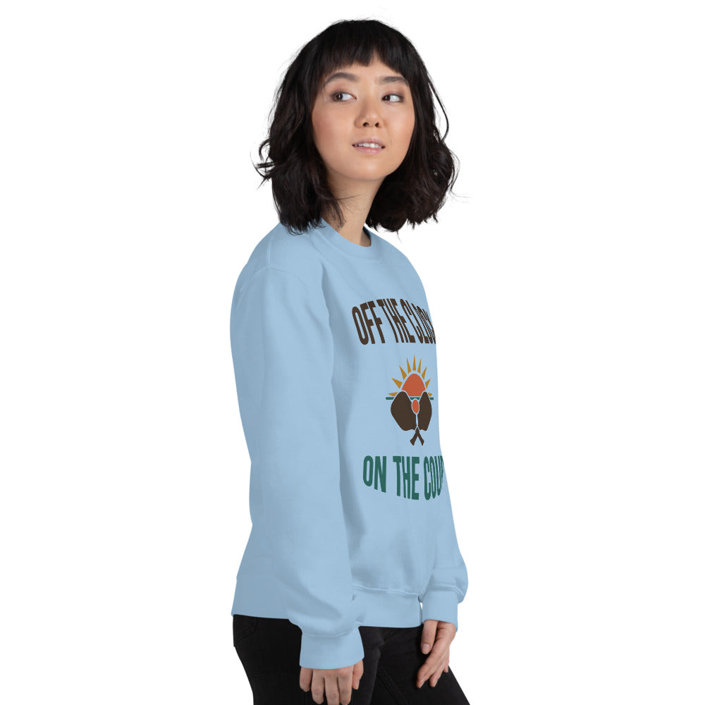 model wearing Off The Clock On The Court retro pickleball crewneck sweatshirt — Light Blue