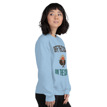 model wearing Off The Clock On The Court retro pickleball crewneck sweatshirt — Light Blue