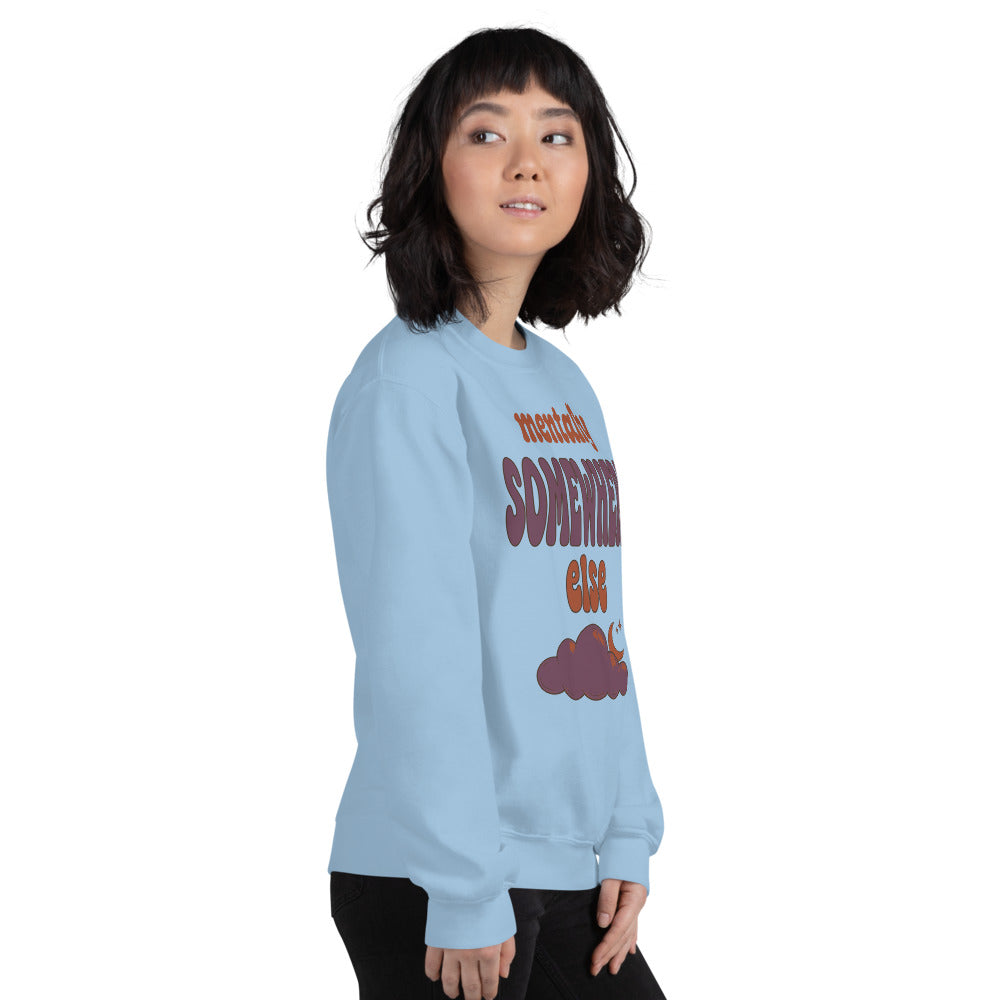 Mentally Somewhere Else soft retro daydream mental health crewneck sweatshirt — Light Blue, on model