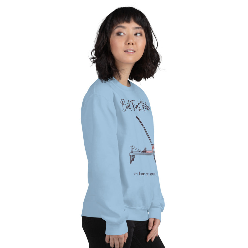 But First Pilates reformer line-art crewneck sweatshirt — Light Blue, on model