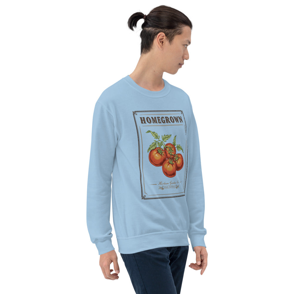 Homegrown Heirloom Seed Packet gardening crewneck sweatshirt — Light Blue, on model