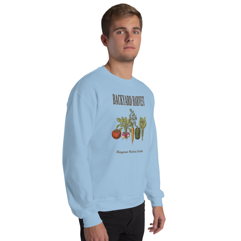 Backyard Harvest heirloom vegetable gardening crewneck sweatshirt — Light Blue, on model