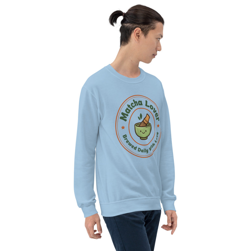 Matcha Lover retro café badge crewneck sweatshirt — Light Blue, on model