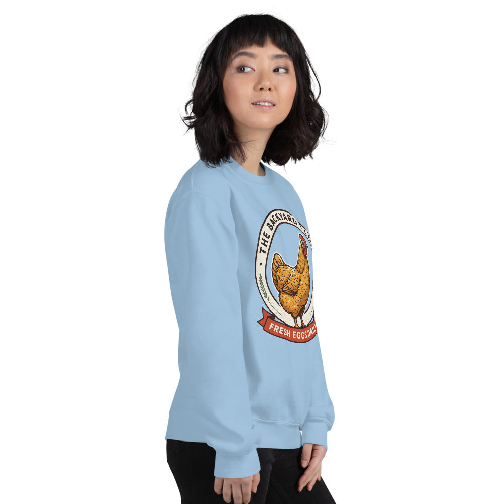Backyard Flock heritage chicken keeper crewneck sweatshirt — Light Blue, on model