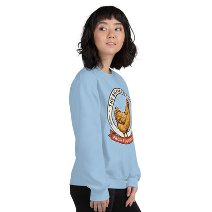 Backyard Flock heritage chicken keeper crewneck sweatshirt — Light Blue, on model