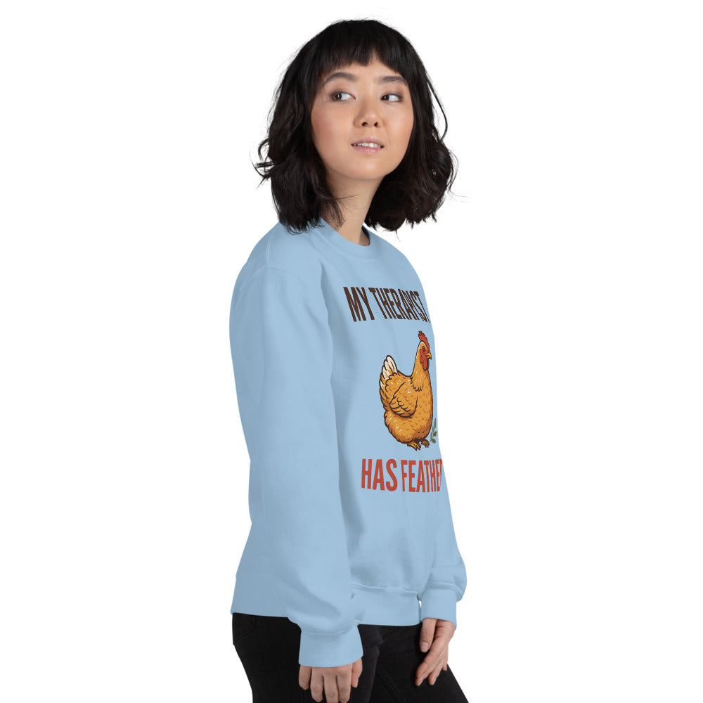 My Therapist Has Feathers funny chicken keeper crewneck sweatshirt — Light Blue, on model