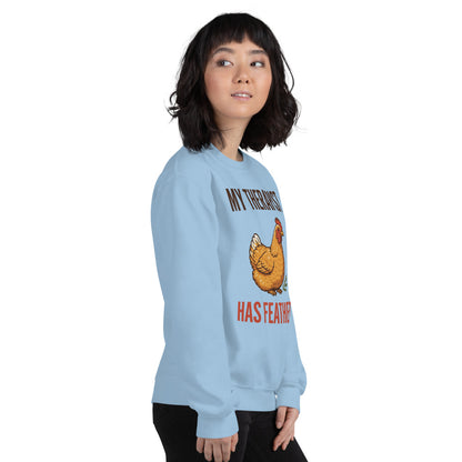 My Therapist Has Feathers funny chicken keeper crewneck sweatshirt — Light Blue, on model