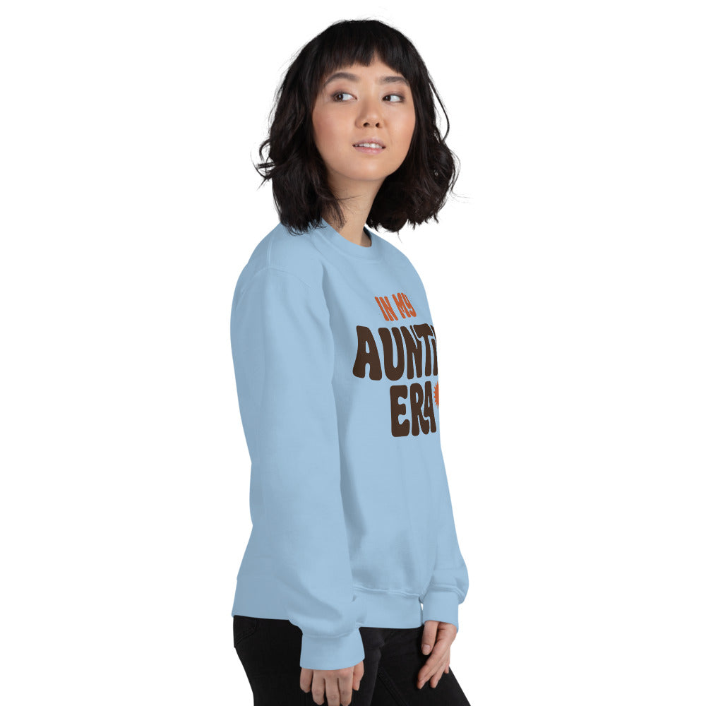 In My Auntie Era retro groovy aunt crewneck sweatshirt — Light Blue, on model