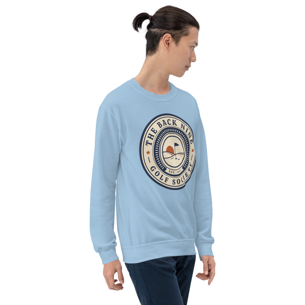 The Back Nine vintage golf roundel crewneck sweatshirt — Light Blue, on model