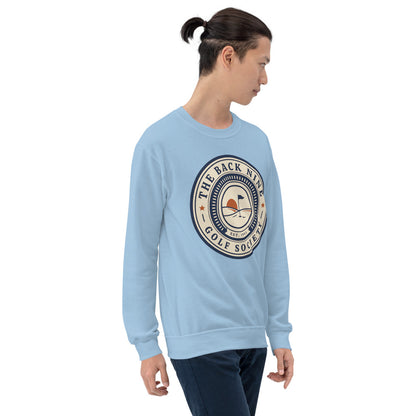 The Back Nine vintage golf roundel crewneck sweatshirt — Light Blue, on model