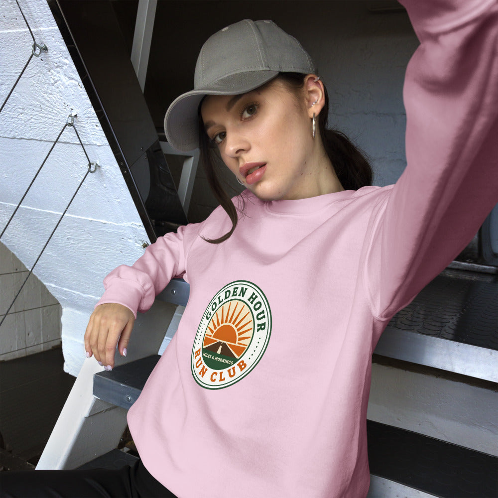 Golden Hour Run Club retro running crewneck sweatshirt — Light Pink, on model