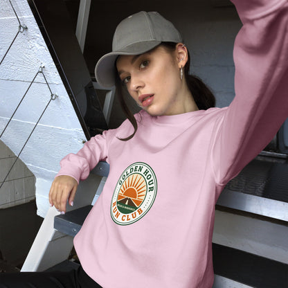 Golden Hour Run Club retro running crewneck sweatshirt — Light Pink, on model