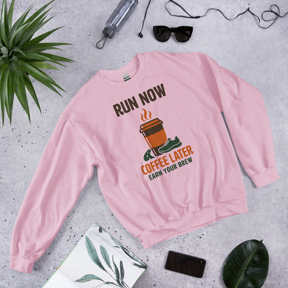 Run Now Coffee Later funny running crewneck sweatshirt — Light Pink, front-right