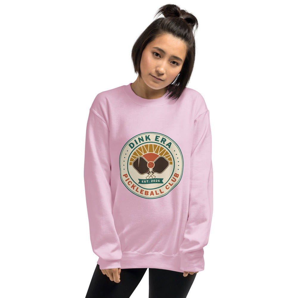 Dink Era Pickleball Club retro crewneck sweatshirt — Light Pink, on model