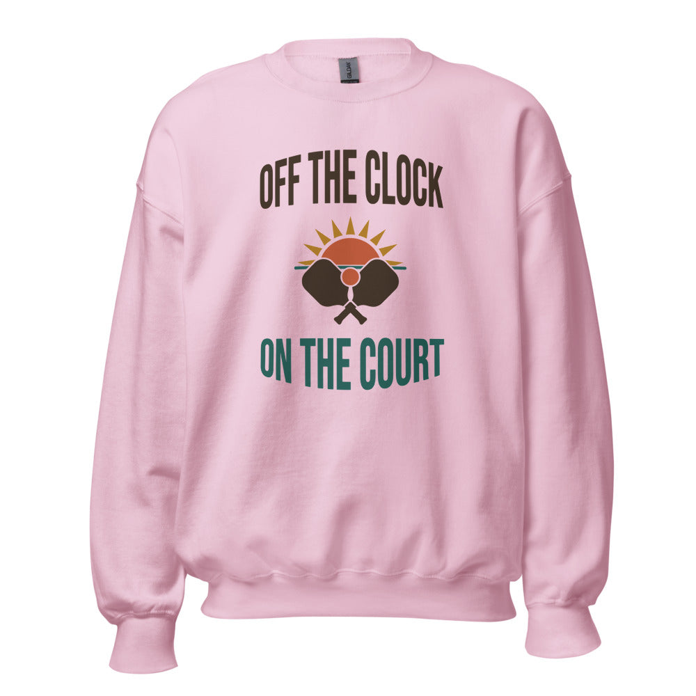 Off The Clock On The Court retro pickleball crewneck sweatshirt — Light Pink, front