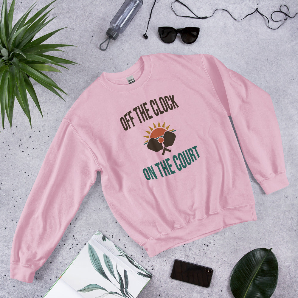 Off The Clock On The Court retro pickleball crewneck sweatshirt — Light Pink, side