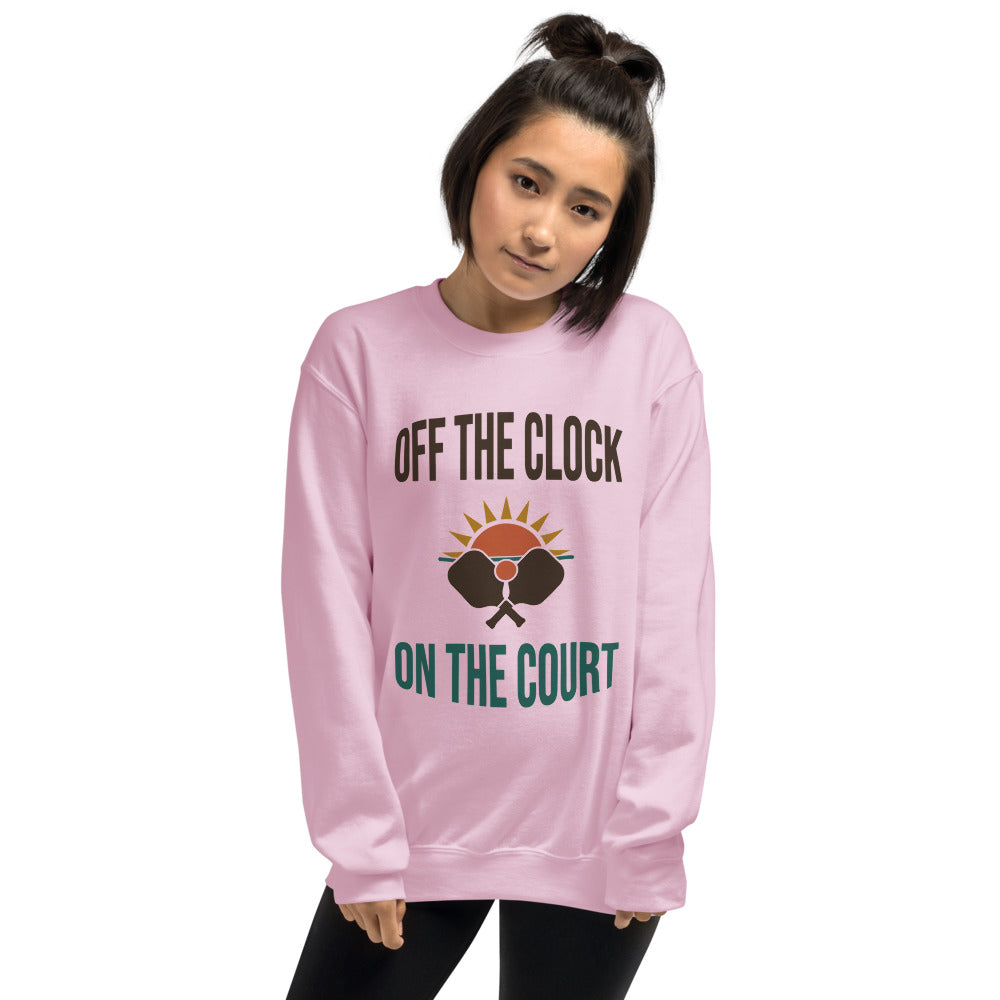 model wearing Off The Clock On The Court retro pickleball crewneck sweatshirt — Light Pink