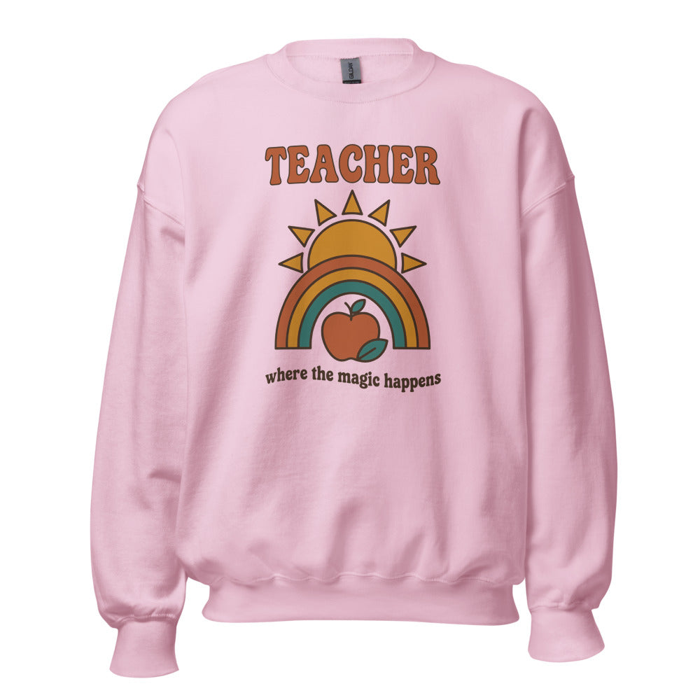 Teacher Where The Magic Happens retro groovy teacher crewneck sweatshirt — Light Pink, front