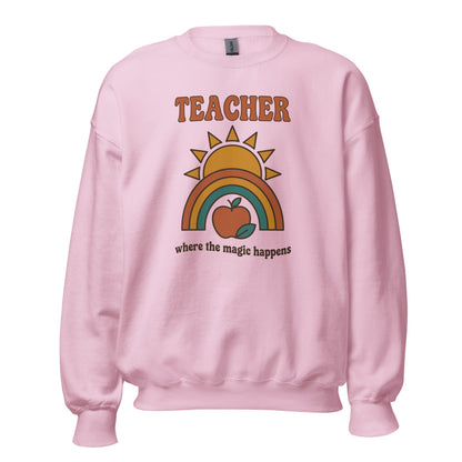 Teacher Where The Magic Happens retro groovy teacher crewneck sweatshirt — Light Pink, front