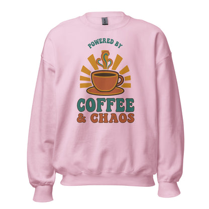 Powered By Coffee And Chaos retro groovy teacher crewneck sweatshirt — Light Pink, front