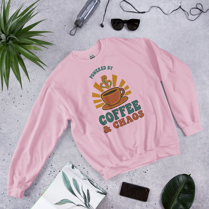 Powered By Coffee And Chaos retro groovy teacher crewneck sweatshirt — Light Pink, front view