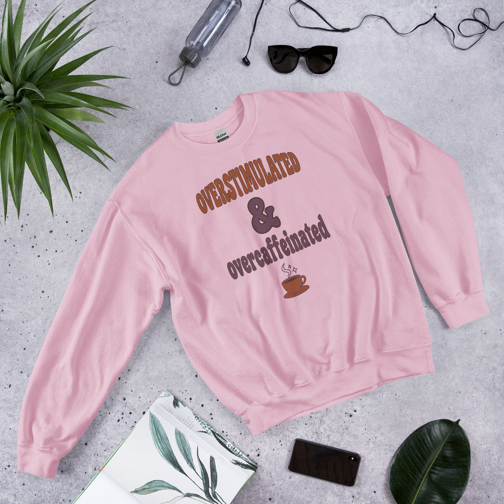 Overstimulated & Overcaffeinated soft retro coffee mental health crewneck sweatshirt — Light Pink, front-right