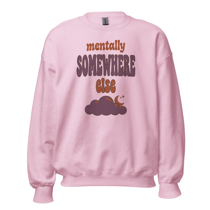 Mentally Somewhere Else soft retro daydream mental health crewneck sweatshirt — Light Pink, front