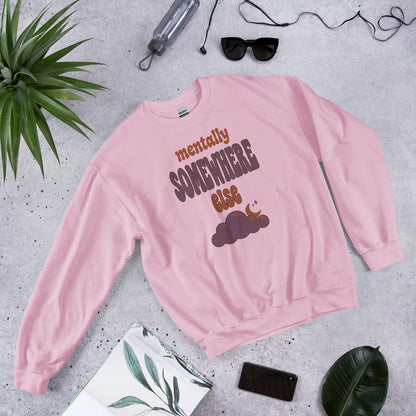 Mentally Somewhere Else soft retro daydream mental health crewneck sweatshirt — Light Pink, front-right