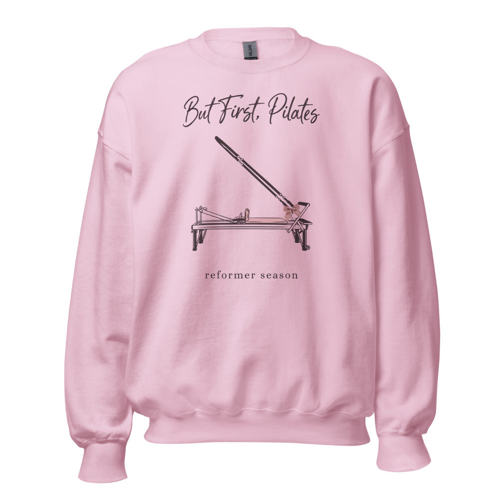 But First Pilates reformer line-art crewneck sweatshirt — Light Pink, front