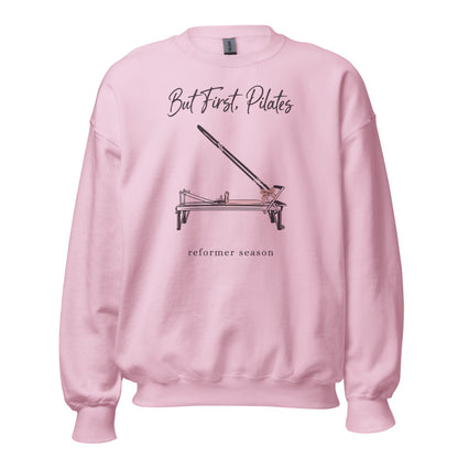 But First Pilates reformer line-art crewneck sweatshirt — Light Pink, front