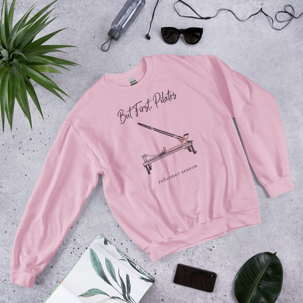But First Pilates reformer line-art crewneck sweatshirt — Light Pink, front-right