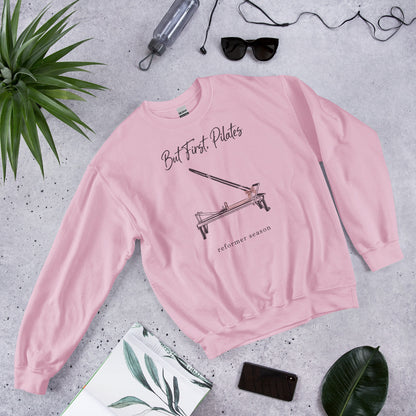 But First Pilates reformer line-art crewneck sweatshirt — Light Pink, front-right