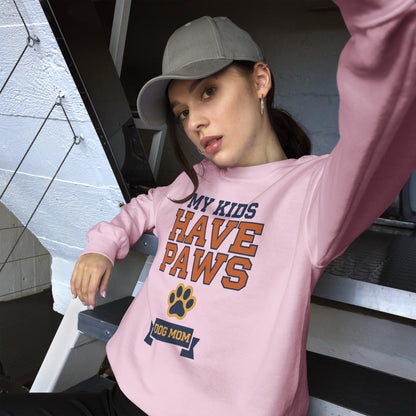 My Kids Have Paws funny dog mom crewneck sweatshirt — Light Pink, on model