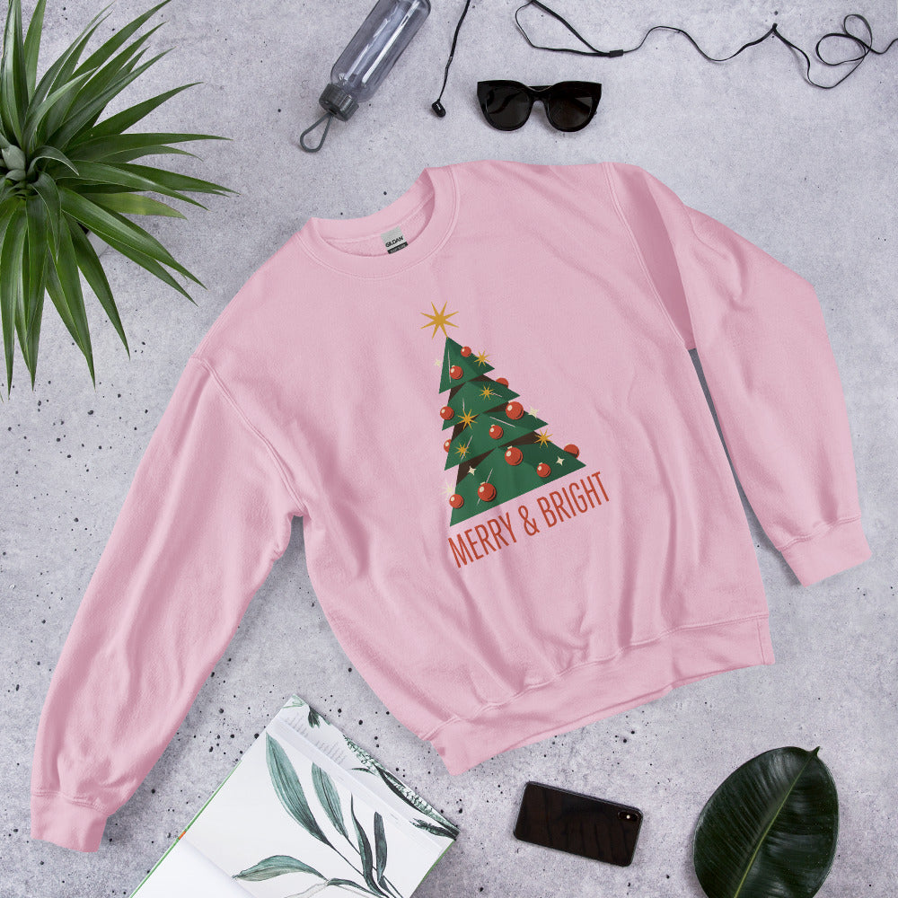 Atomic mid-century retro Christmas tree crewneck sweatshirt — Light Pink, front-right