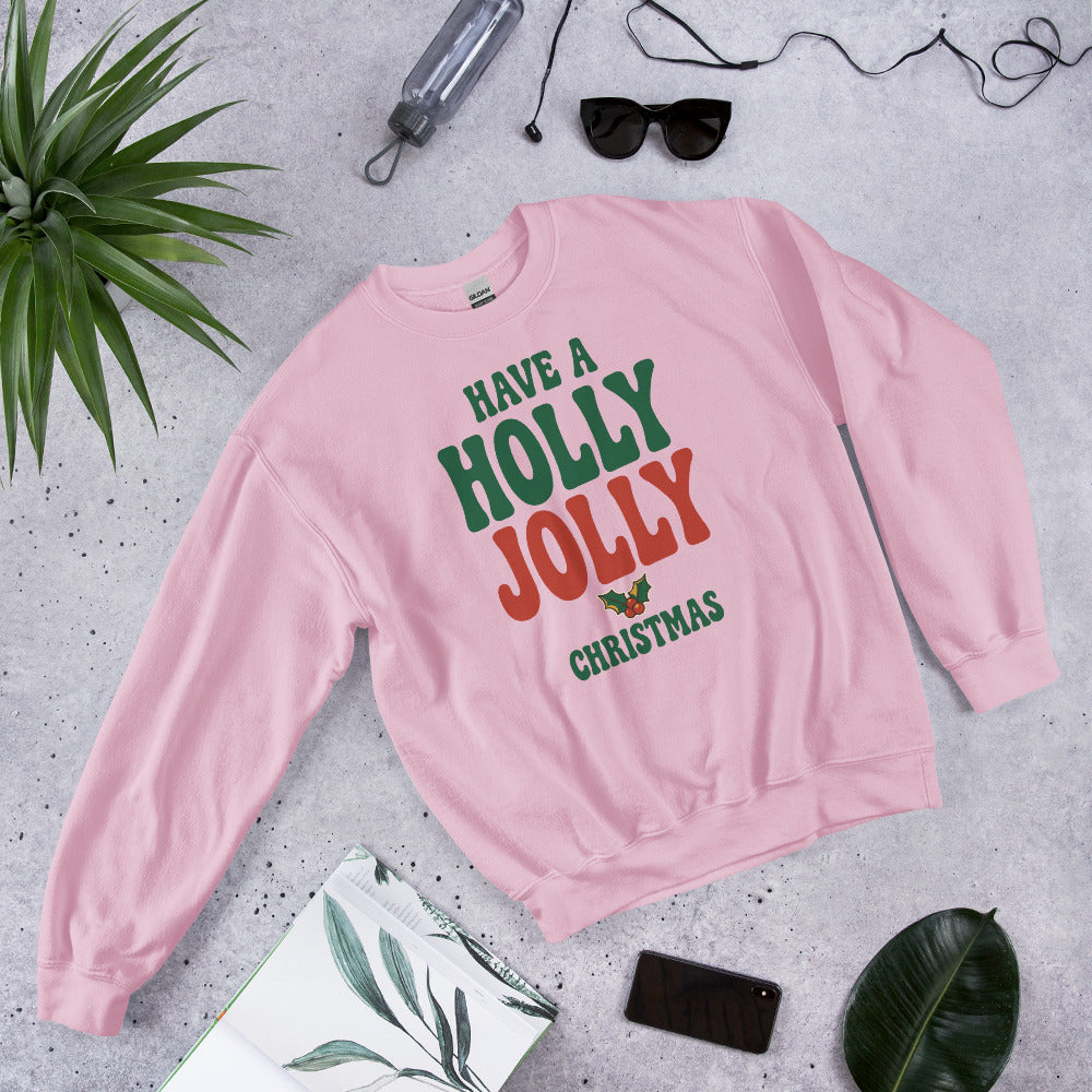 Groovy Holly Jolly retro Christmas crewneck sweatshirt — Light Pink, front-right