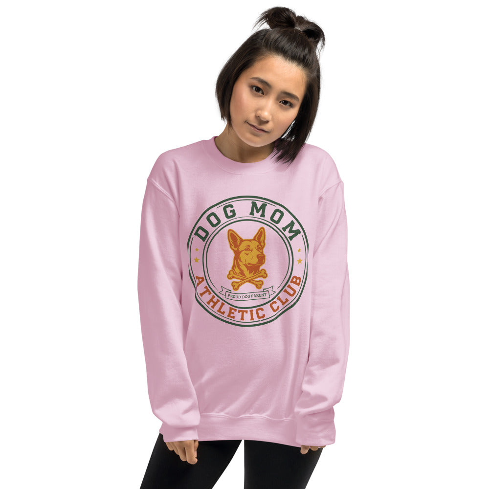 Dog Mom Athletic Club vintage varsity crest crewneck sweatshirt — Light Pink, on model