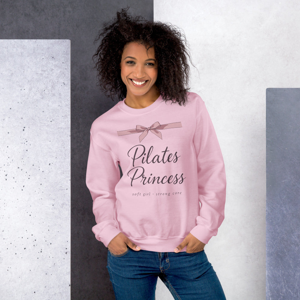 Pilates Princess coquette bow crewneck sweatshirt — Light Pink, on model