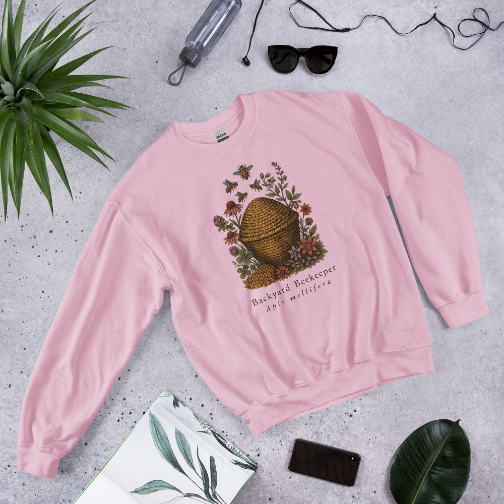 Backyard Beekeeper field-guide bee crewneck sweatshirt — Light Pink, front-right