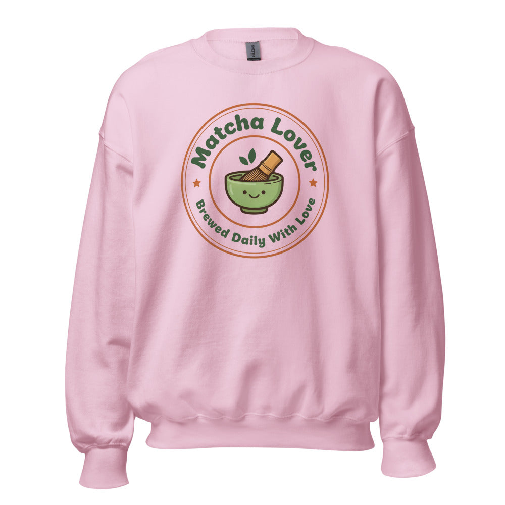Matcha Lover retro café badge crewneck sweatshirt — Light Pink, front