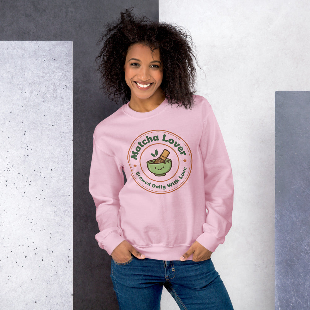 Matcha Lover retro café badge crewneck sweatshirt — Light Pink, on model