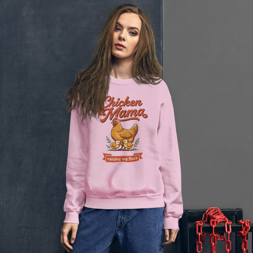 Chicken Mama raising my flock chicken keeper crewneck sweatshirt — Light Pink, on model
