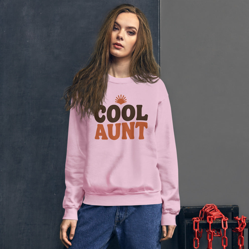 Cool Aunt retro groovy aunt crewneck sweatshirt — Light Pink, on model