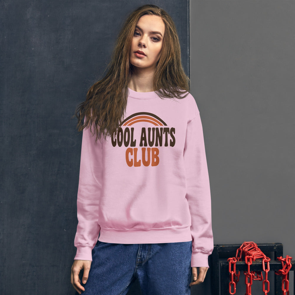 Cool Aunts Club retro groovy aunt crewneck sweatshirt — Light Pink, on model