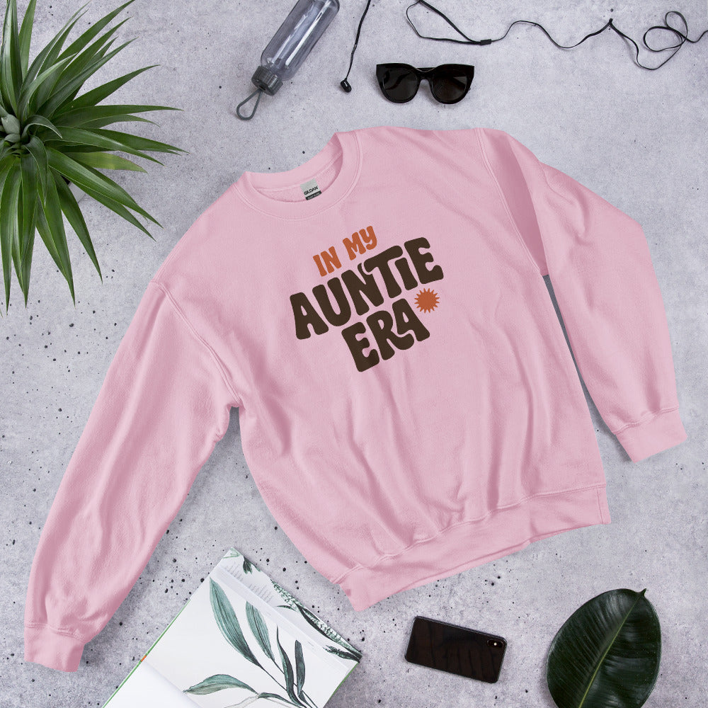 In My Auntie Era retro groovy aunt crewneck sweatshirt — Light Pink, front-right