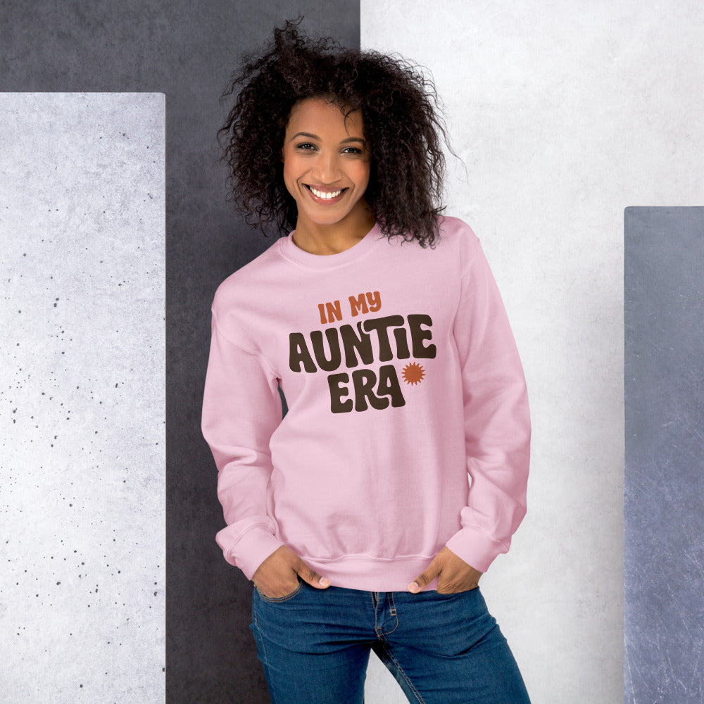 In My Auntie Era retro groovy aunt crewneck sweatshirt — Light Pink, on model